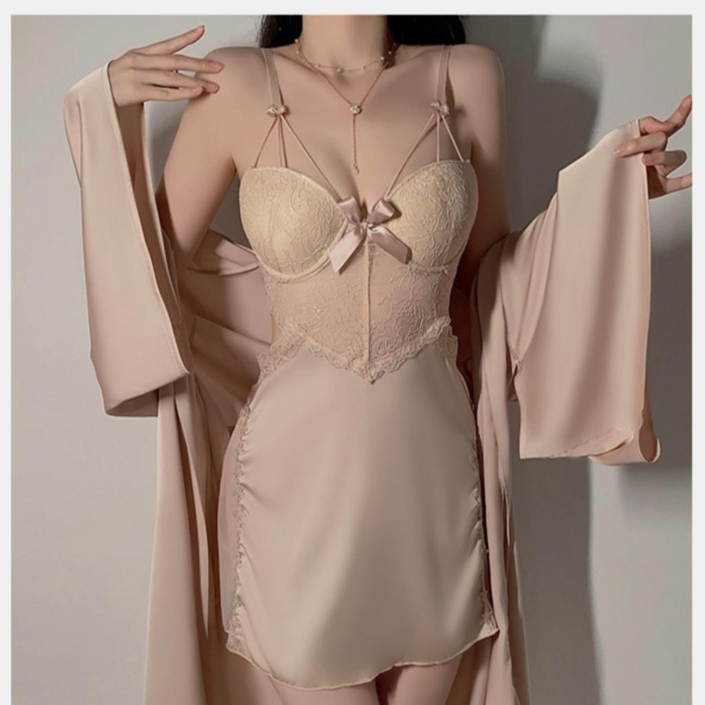 Velký Ocelový Kroužek Shromažďuje Sexy Domácí Oblečení Pohodlné Ledové Hedvábí Plus Podprsenka s Košíčky Šle Noční Košile Župan