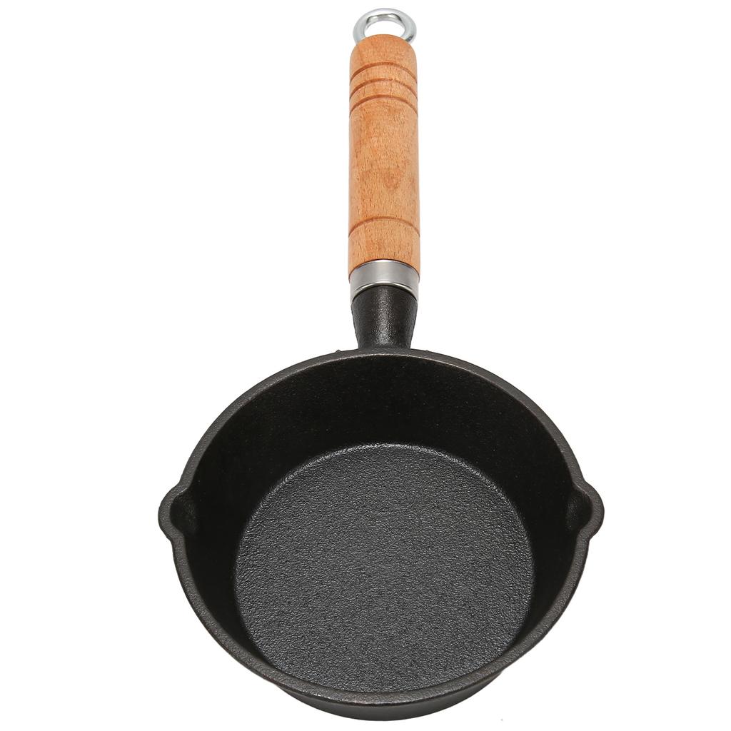 Frying Pan Cast Iron Skillet Drip Spouts Wooden Handle Stain Resistant Quick Heat Easy To Clean Cook Pan