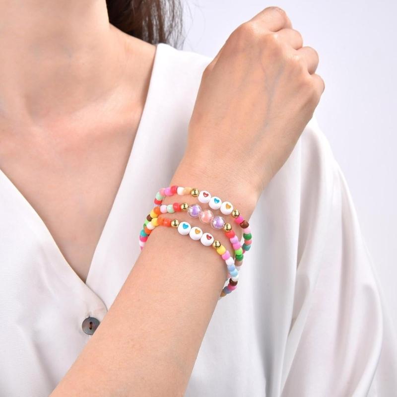 Pack of 8 Trendy Adjustable Bracelets Bohemian Beaded Jewelry with Love Charm Rainbow Colors Gift for Women and Girls