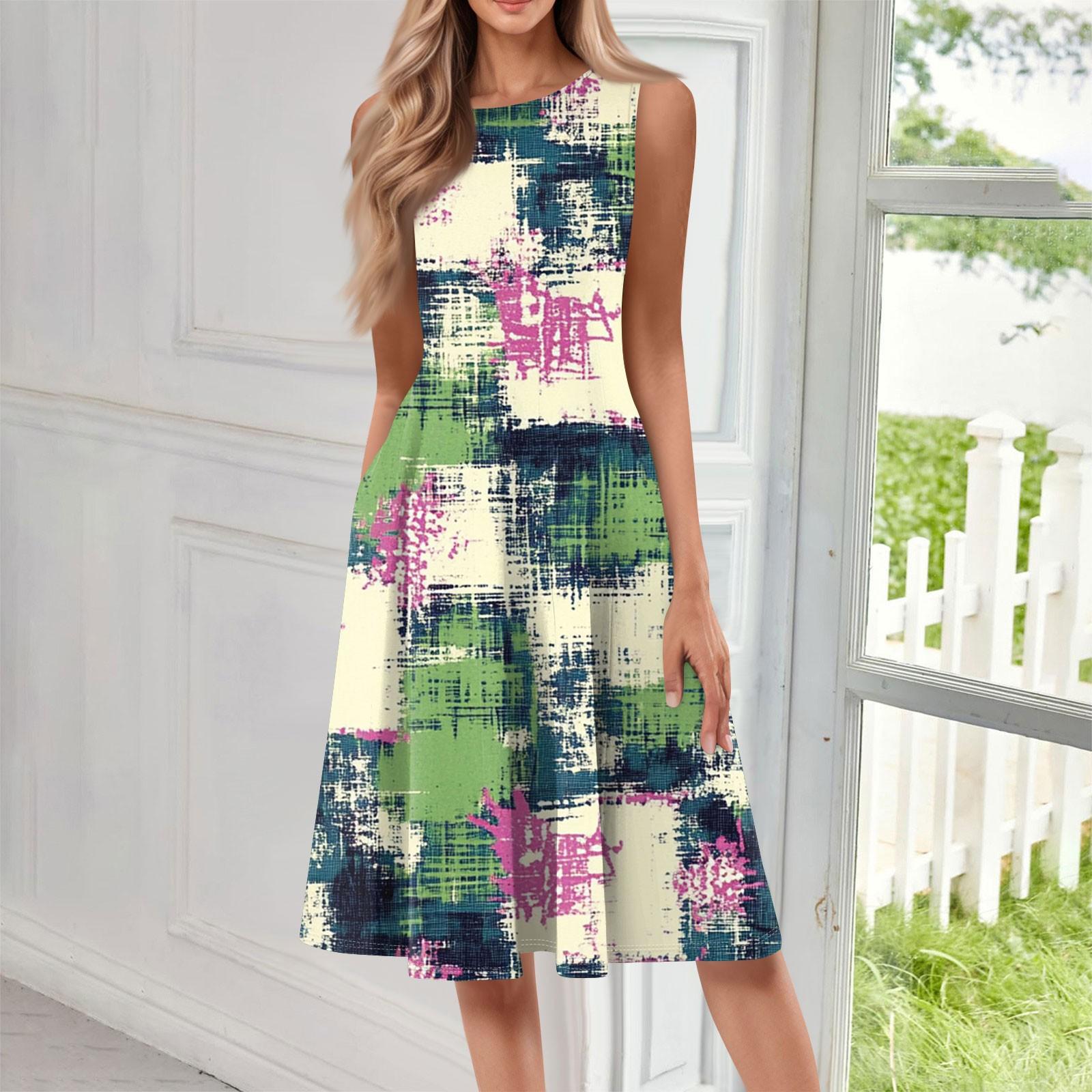 

Женское повседневное модное платье миди с цветочным принтом и круглым вырезом без рукавов S розовый