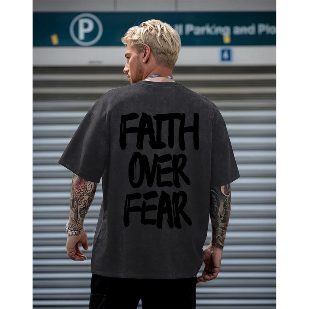 Men's Washed Faith Over Fear Print 100% Cotton Oversized Short Sleeve T-shirt