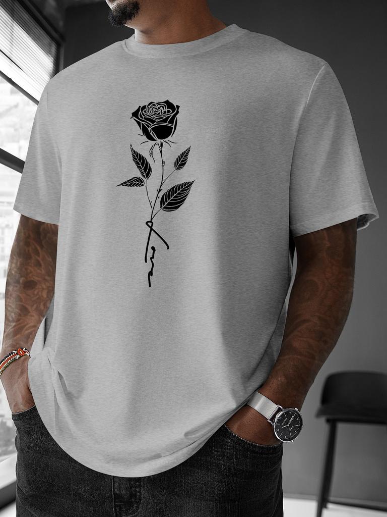 Unisex Summer Cotton Short Sleeve T Shirt Minimalist White Line Rose Stem Print Crew Neck Aesthetic Street Casual Male Tee