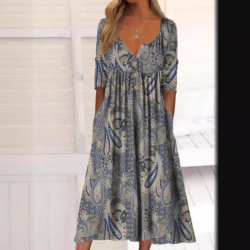 Printed Pocket Nail Buckle Jumpsuit Long Sleeved Dress