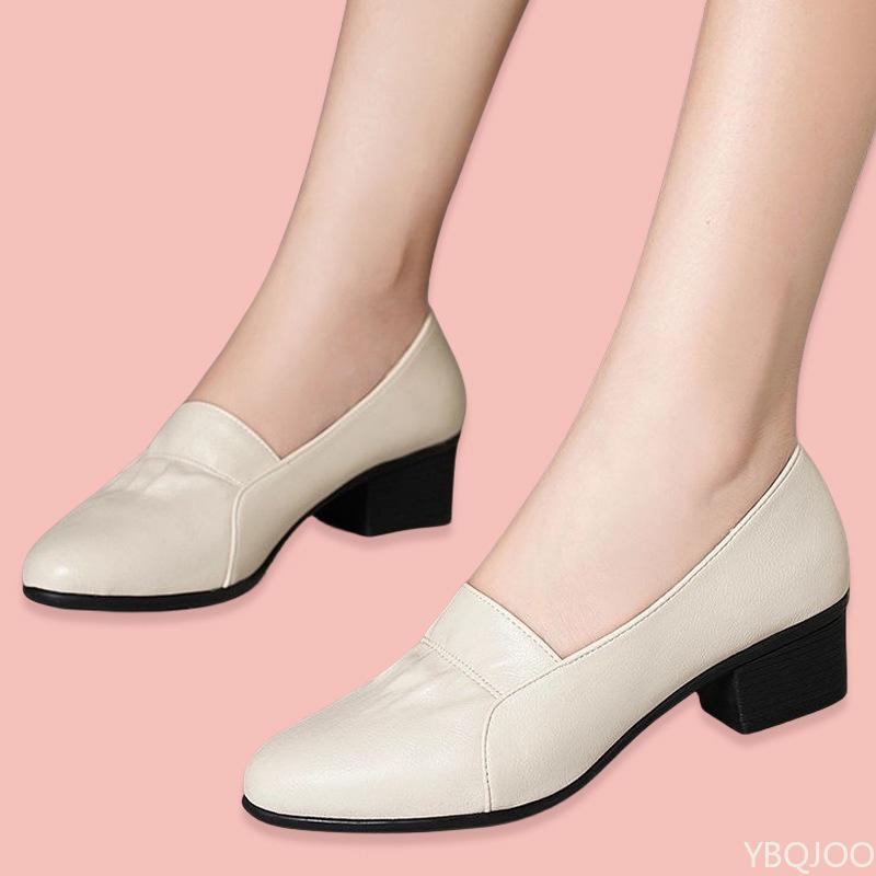 

Fashion Women s Comfortable Coarse Heel Shoes Fashion soft leather Flats Black pointed work footwear Casual elegant ladies singles shoes 41 бежевый