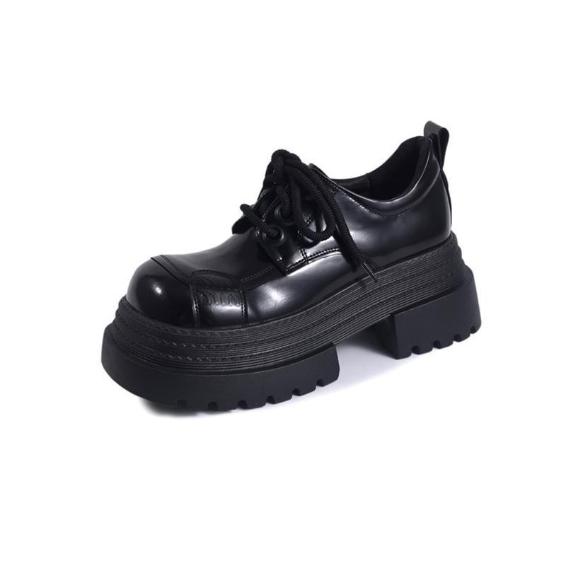Fashion Women's new leather cowhide round toe high-heeled lace up college style single shoe with thick sole retro casual shoes