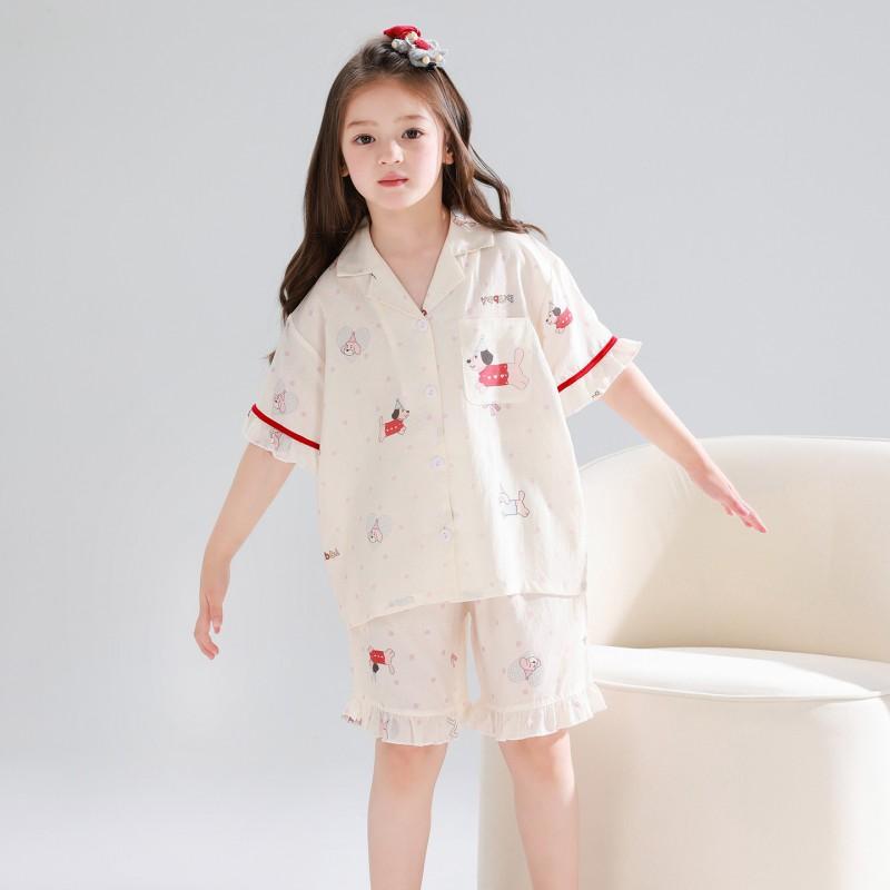 Girls Short Sleeve Pajama Set Cartoon Print Lyocell Sleepwear Home Wear Comfortable Breathable Kids Nightwear