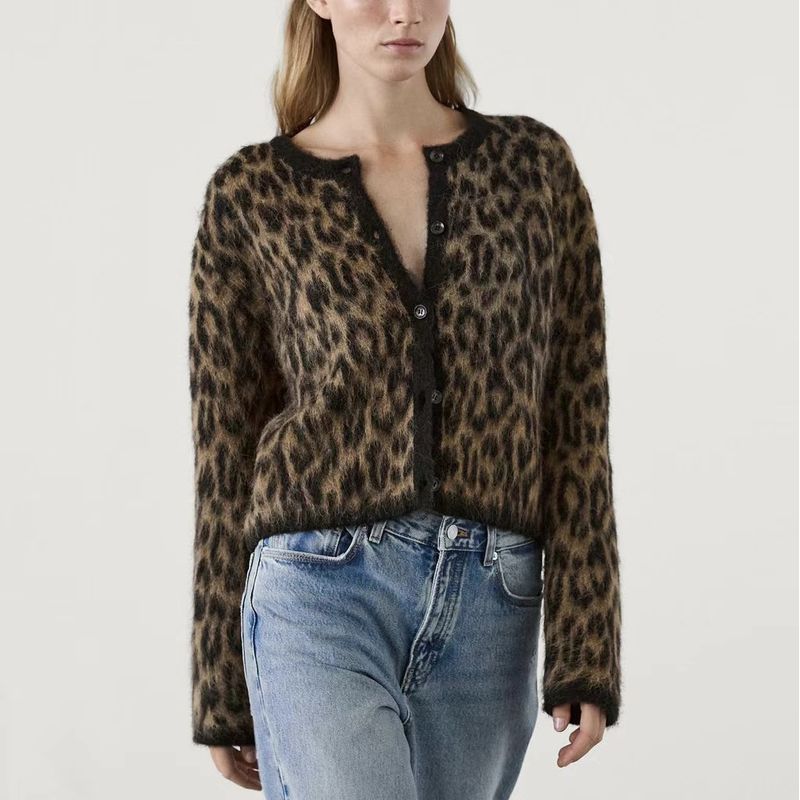 

European and American Autumn and Winter New Women s Clothing Loose Fashion Casual Leopard Print Knitting Sweater Leopard Knit Sweater Brown S