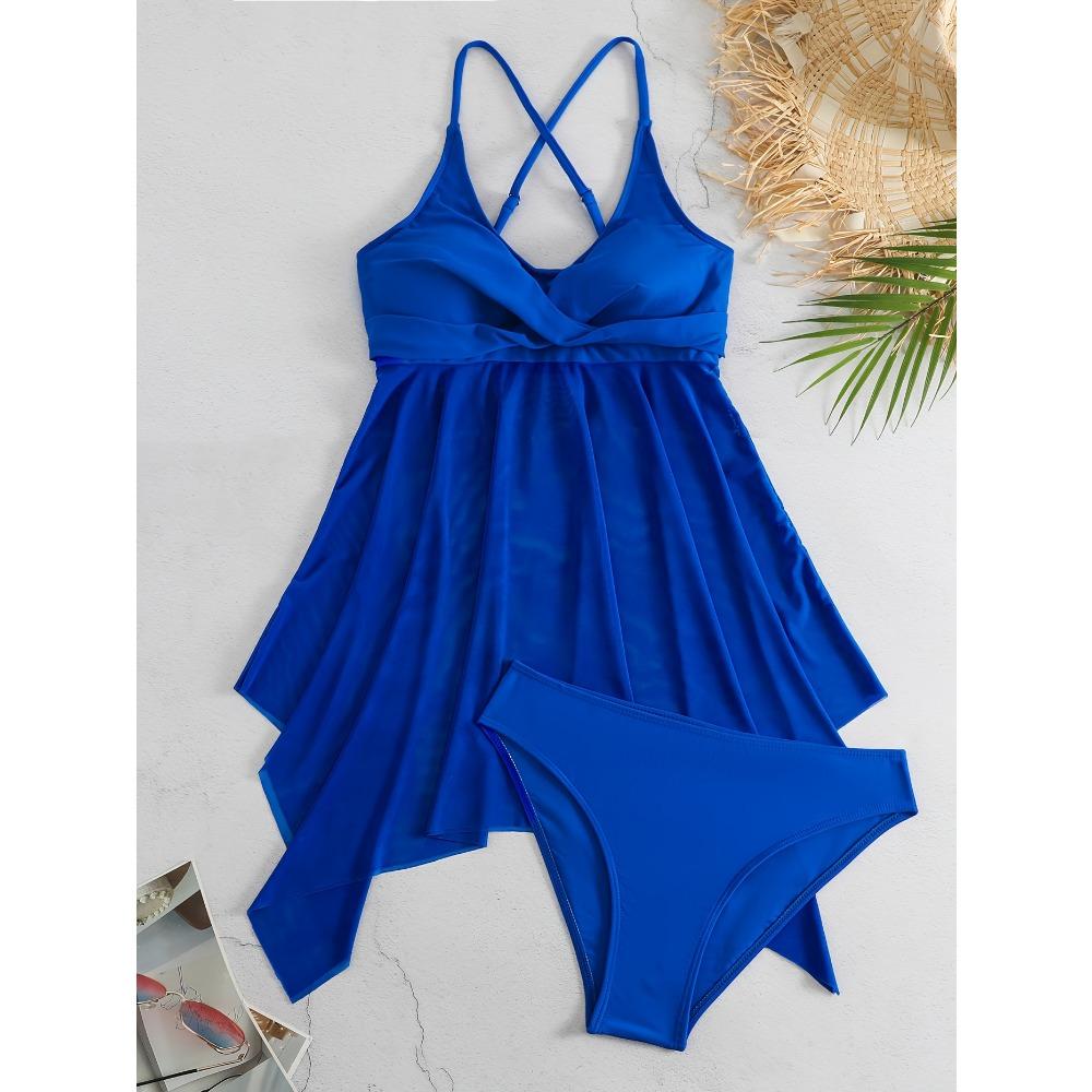 Einfarbiges Mesh Kontrast Criss Cross Rock 2-teiliges Set Bikini, Scoop Neck Spaghettiträger Twist Einfarbig Damen Bademode