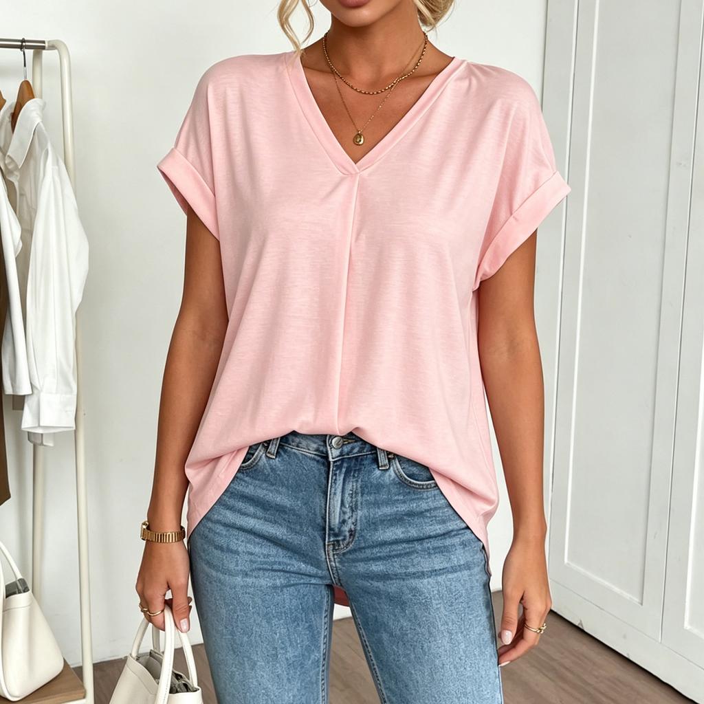 Women's Summer Short Sleeve Top V Neck Back Pleated Detail Lightweight Blouse Casual Loose Fit Shirt for Daily Wear