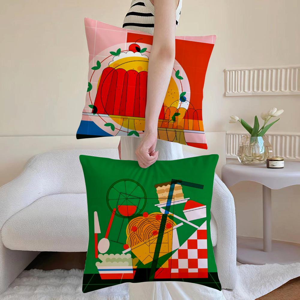 Food Illustration Cushion Cover Anti-dustmite Pillowcase Invisible Zipper Silky Short Plush Sofa Cushion Cover