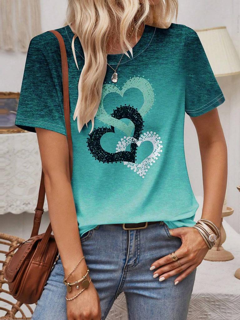 Fashion Heart Print Ombre Tee Fashionable Women's T-shirts Casual Round Neck Short Sleeve Tops Harajuku T-Shirt For Woman Summer