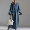 Women's Half Button Stand Collar Lantern Long Sleeve Loose Maxi Denim Dress Vintage Washed Straight Pocket Long Dress Spring Casual