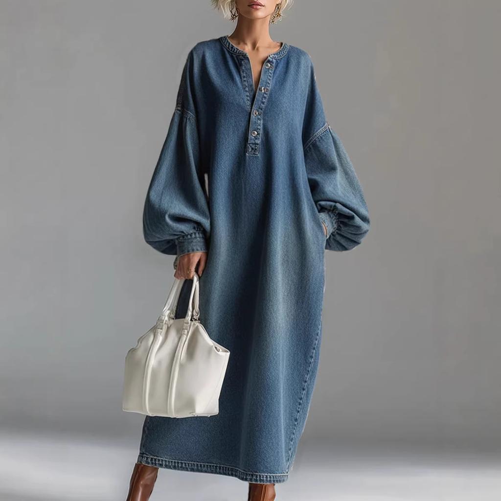 Women's Half Button Stand Collar Lantern Long Sleeve Loose Maxi Denim Dress Vintage Washed Straight Pocket Long Dress Spring Casual