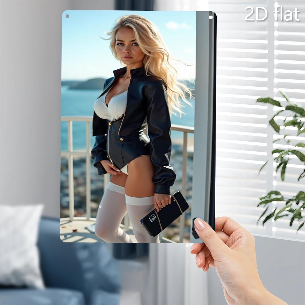 Artă Metalică de Perete Fată Blonda - Placă de Fier Rezistentă la Intemperii cu Găuri Pre-perforate 7.87x11.8in Decor Interior Exterior pentru Grădină Terasă F