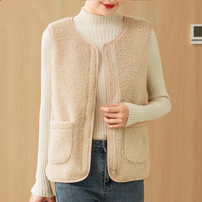 Gilet pour femme 2026 en laine d'agneau et cuir - Style coréen, Vêtement d'extérieur polyvalent Automne/Hiver