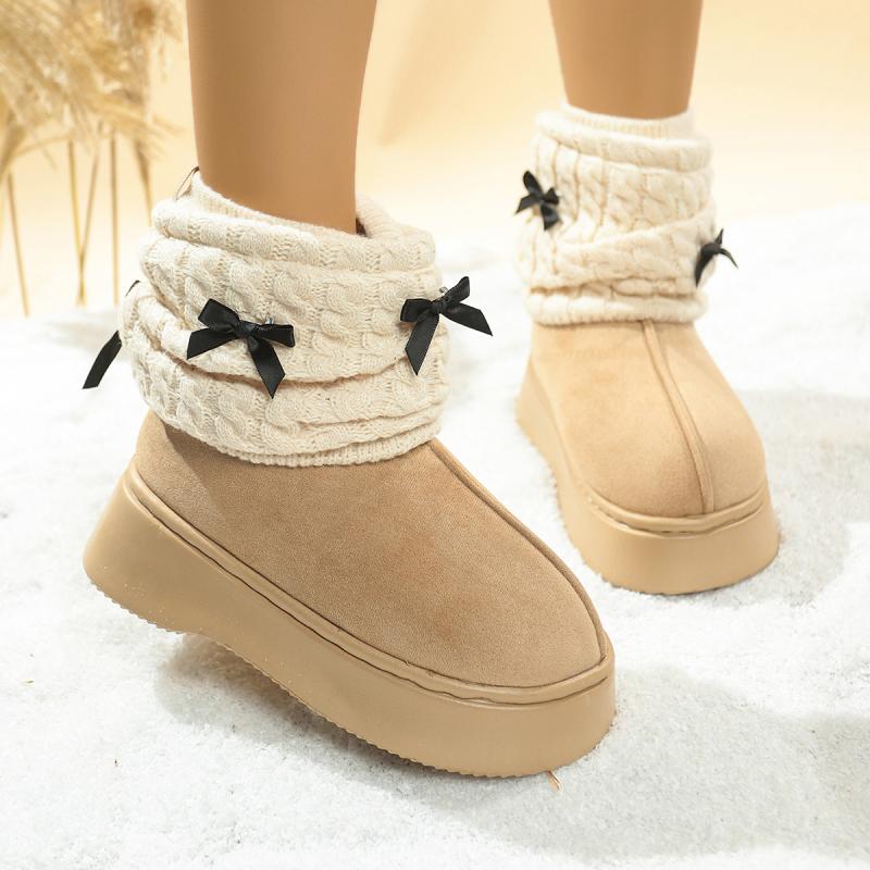 Fashion Soft Thick Bottom Snow Boots Women 2025 Winter Sweet Bowknot Knitted Leg Covers Warm Faux Fur Snow Boots Non Slip Winter Shoes