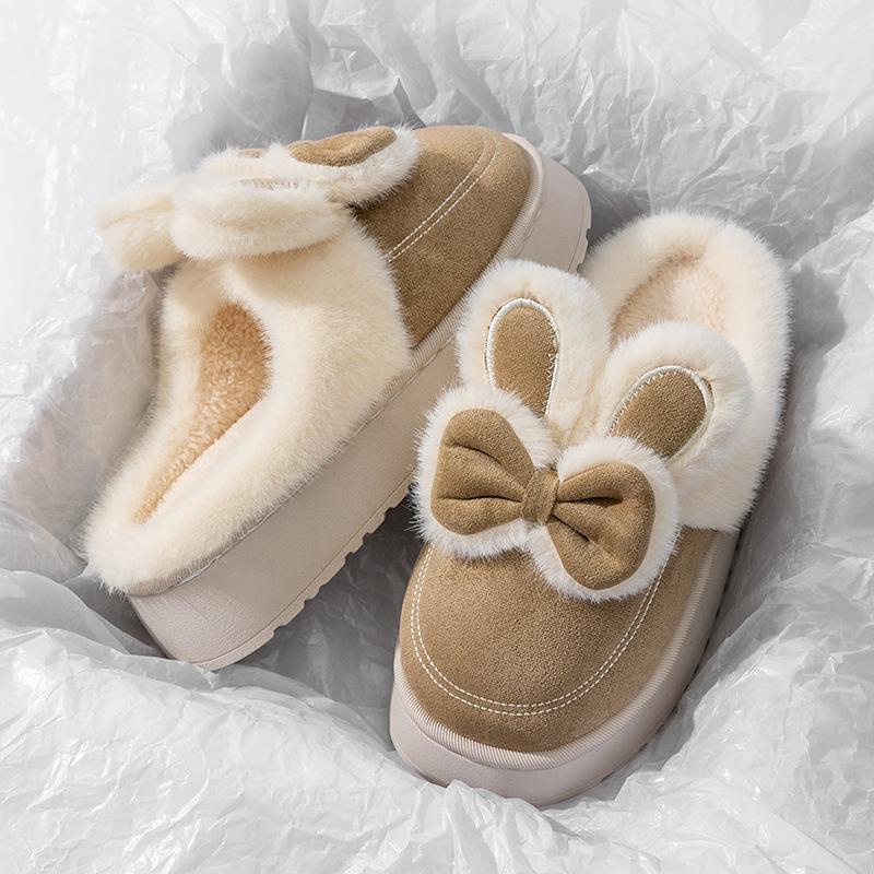 Bow style, thick-bottomed cotton slippers, autumn and winter home indoor velvet, non-slip, warm and comfortable plush cotton mop