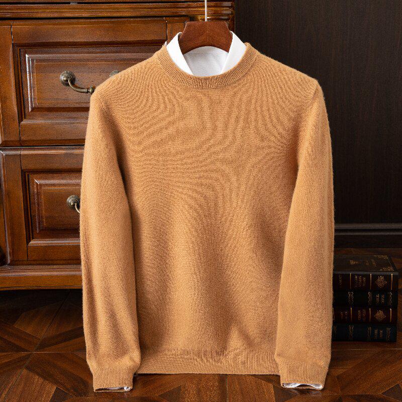 Men's Round Neck Pure Wool Pullover Sweater – Solid Color Knit Base Layer