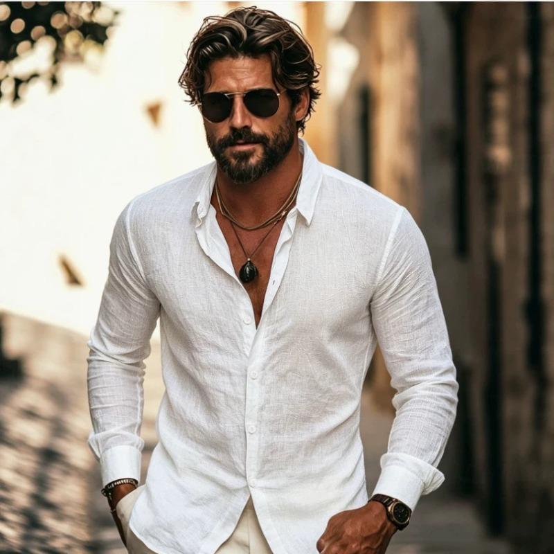 Men Loose Abstract Print Turn Down Collar Long Sleeve Casual Shirt