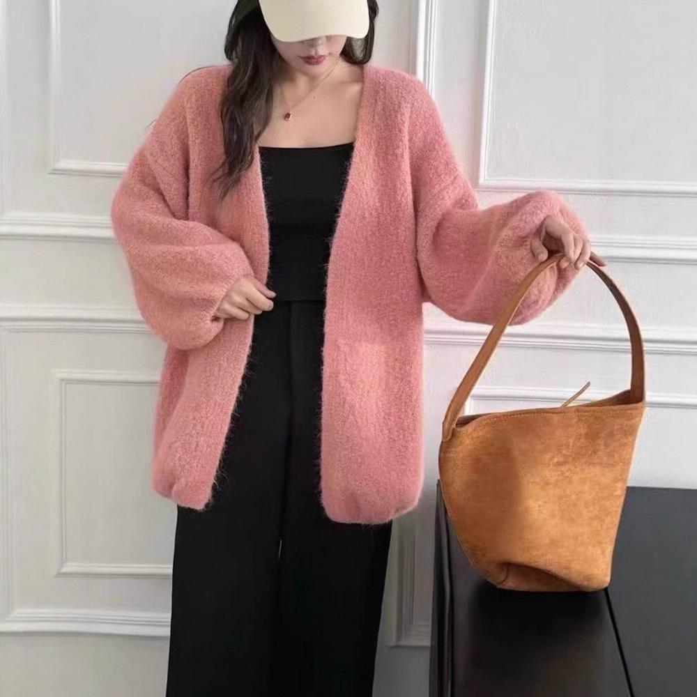 Koreanischer Lässiger Stil Laternenärmel Strickjacke - Damen Verdickter Midilanger Pullovermantel für Herbst und Winter