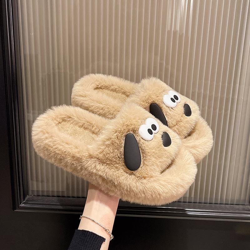 Aphixta 2024 Chaussons Mignons Chien Chaud Hiver Fourrure Femmes Chaussons d'Intérieur Chaussures Oreilles Poilues Chaussures Chambre Talon Plat Poils