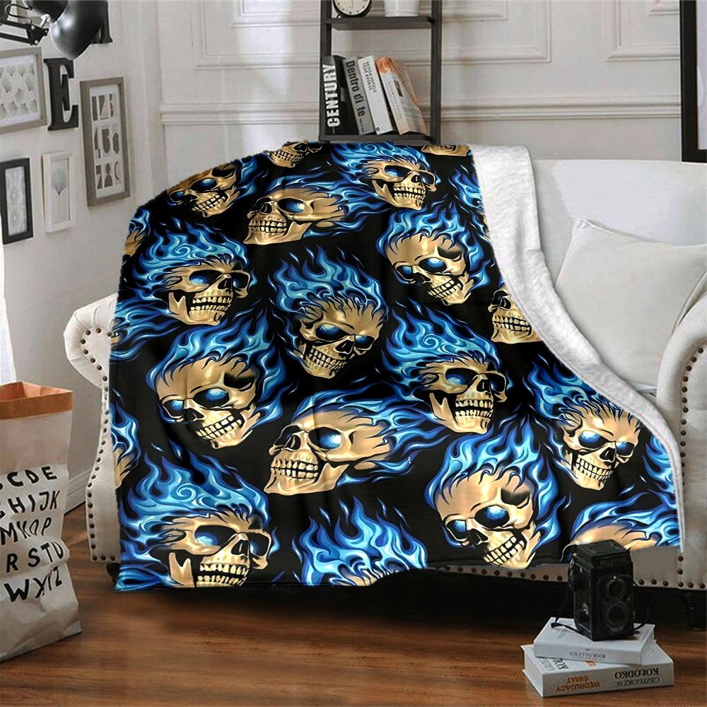 1pc Flame Skulls Blanket, Lightweight Flannel Throw Blanket For Sofa, Bed, Travel, Camping, Living Room, Office, Couch, Chair, And Bed
