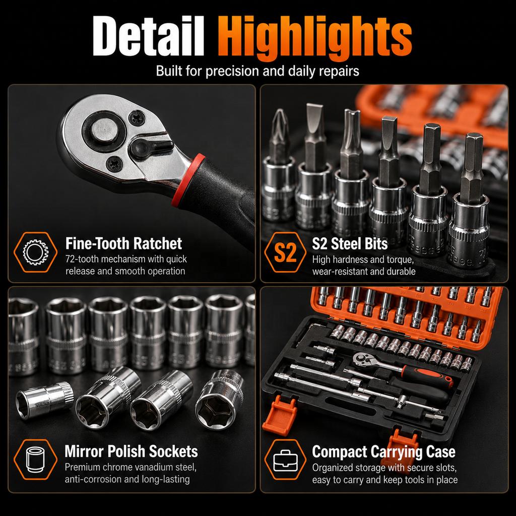 46/53PCS 1/4 Inch Drive Metric Socket Ratchet Wrench Set Extension Bar Hand Operated OEM Carbon Steel Tool Box Set Hard Case