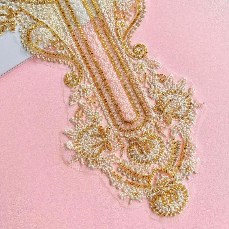 Bestickte Perlen-Applikation für Hochzeitskleid Abendkleid Aufnäher für Kragen Perlen-Aufnäher Spitze-Applikation