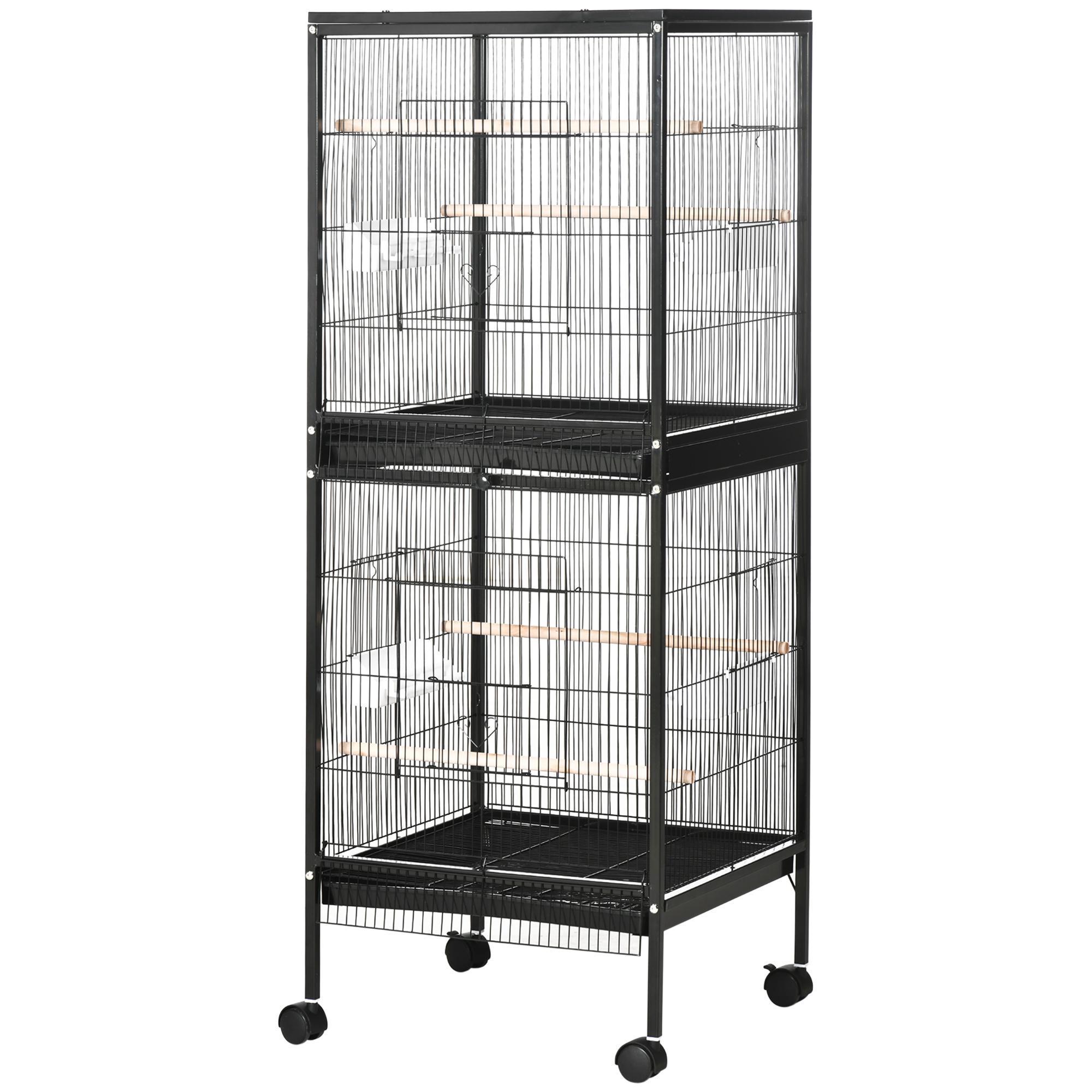 Cage à Oiseaux Cage à Ondulées 2 en 1 Grande Volière à Roulettes Plateaux Amovibles Pour Pinsons Canaris Calopsittes Noir