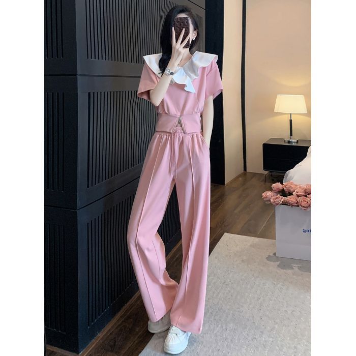Fashionable Casual Sports Suit for Women Summer Sweet Temperament Short-sleeved Wide-leg Pants Two-piece Set