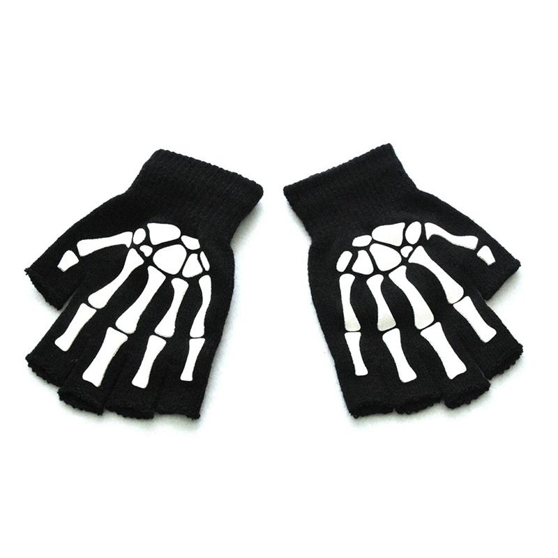 Warme Strickhandschuhe für Erwachsene Einfarbig Halloween Halbfingerhandschuh Menschlicher Totenkopf Greiferdruck Radfahren Rutschfeste Handgelenk Handschuhe