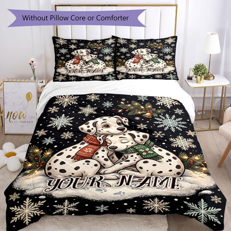 3PC Custom Name Winter Dalmatian Hug Bedding Set Duvet Cover Closure Includes 1 Duvet Cover & 2 Pillowcases for Bedroom