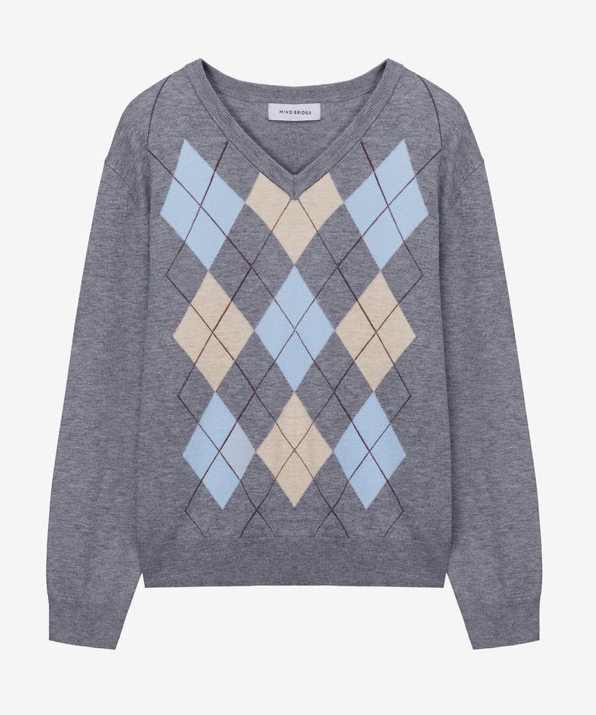 MIND BRIDGE WOMEN [W] V-Neck Argyle Oversized Knit - 2 Colors