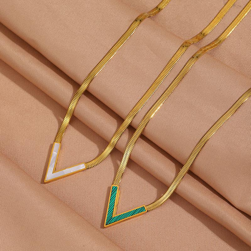 Elegant Titanium Steel V-Shaped Necklace with Letter and White Shell Pendant for Women