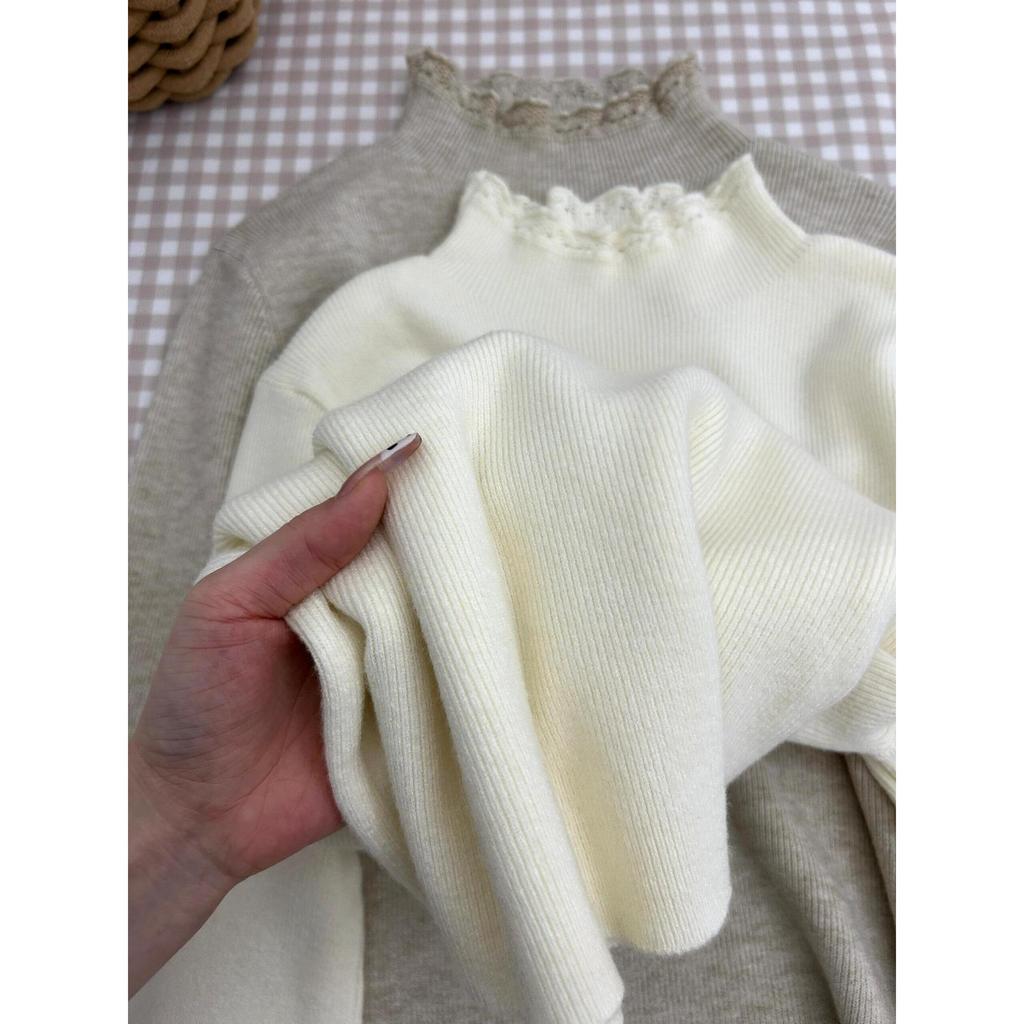 French lace semi-turtleneck knitted bottoming shirt women's autumn and winter long-sleeved top soft waxy casual basic sweater