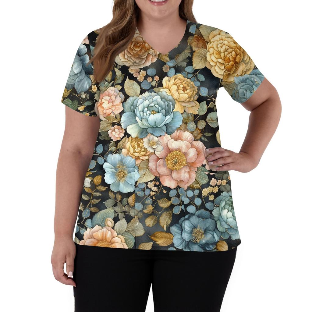 Damenmode V-Ausschnitt Kurzarm Overalls mit Taschen Print Tops Kleidung