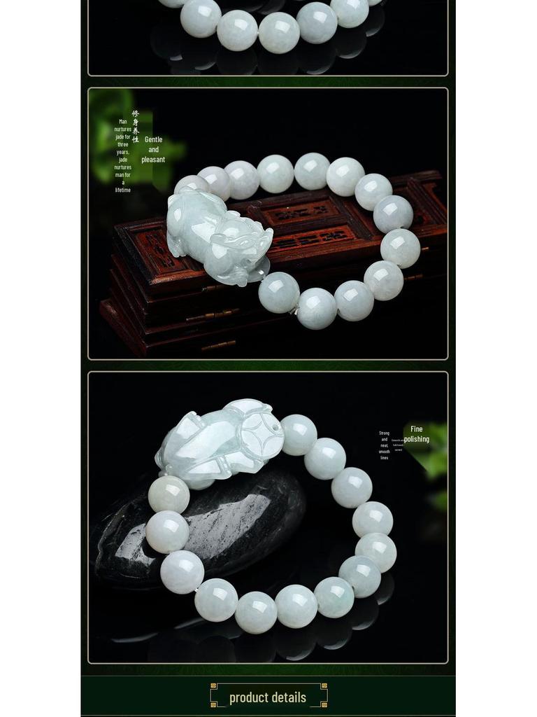 Certified A-Grade Burmese Jade Pixiu Bracelet with Round Beads