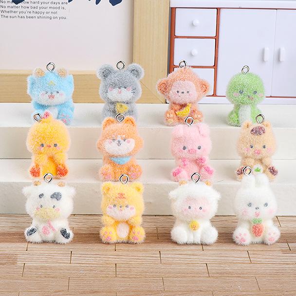 Flocked Zodiac Animal Pals Creative DIY Decoration for Bags Keychains Home Decor Cute Plush Charm Ornament Gift