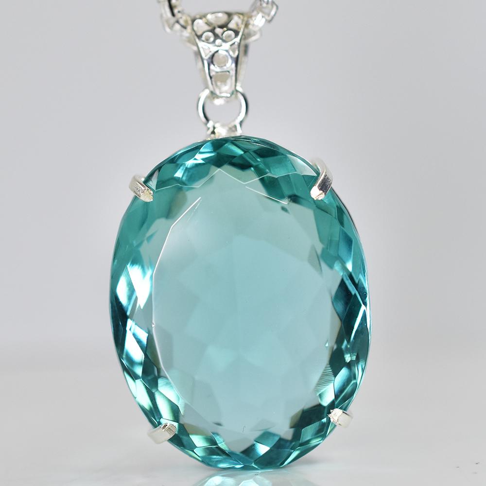 

925 Sterling Silver Oval Pendant Aquamarine 137 Ct Certified Lab Created Gems MY.PD-96-NS 39 mm approx синій