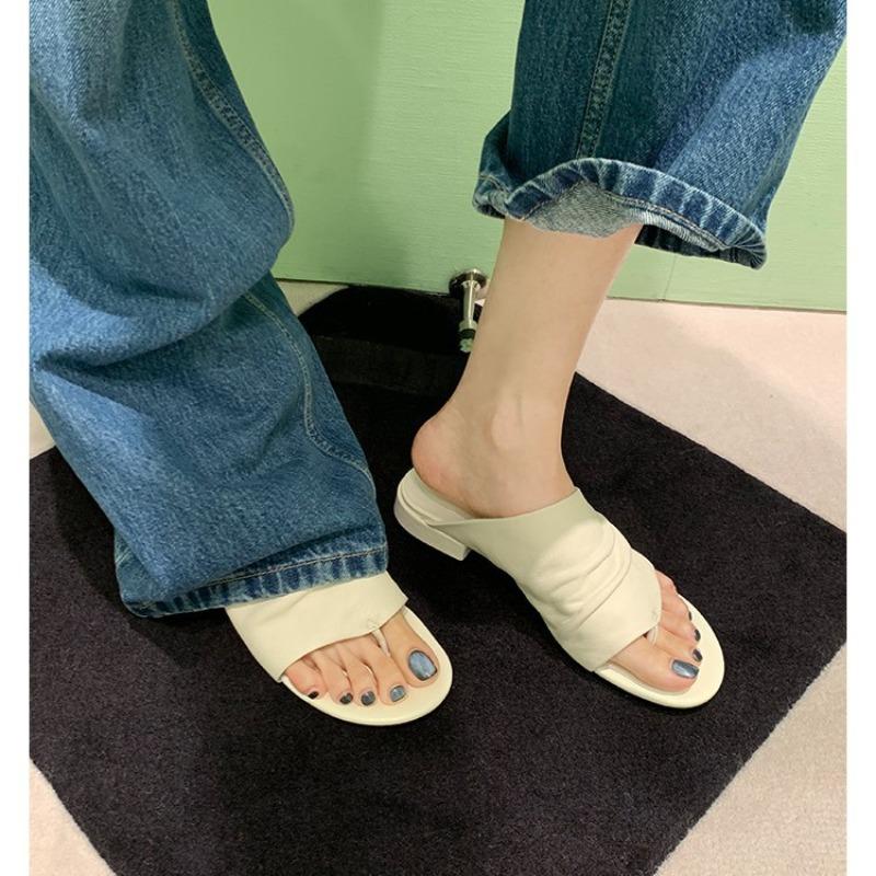 ~ Minimalist old money wind wide upper cowhide pleated versatile thick heel cool slippers female summer