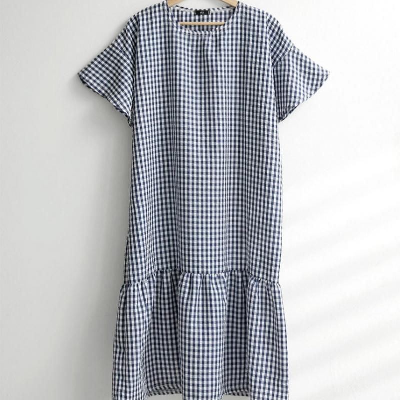 Shop   Women Gingham Check Round Bell Sleeve Short Sleeve Long Dress Beige Ara W