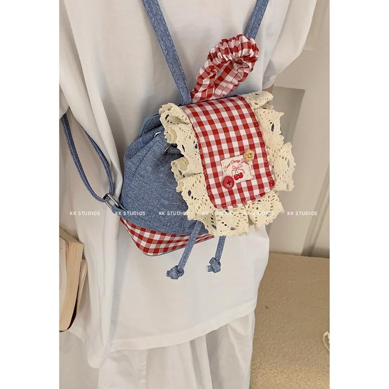 Korean Cute Fashion Denim Backpack Bag Women's 2025 New Plaid Lace Bucket Bag