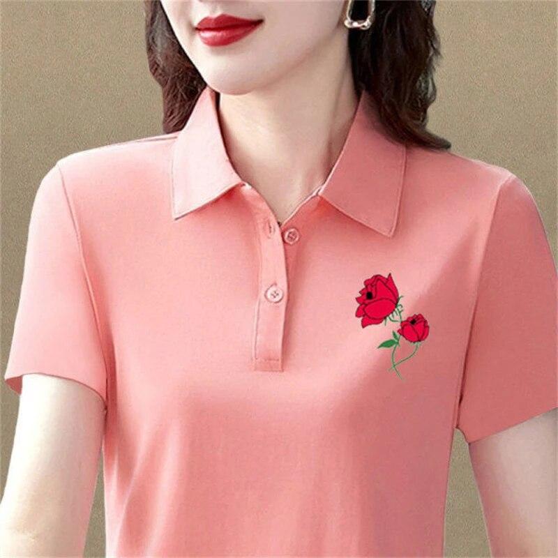 Women Fashion Short Sleeve Floral Print Tees Elegant Collar T-shirt Summer Casual Slim Button Basic Tops