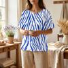 Damen Kurzarm Hemd aus Leinen-Baumwollmischung Henley Knopfleiste Brusttasche Blumendruck Lässiges Sommer Top