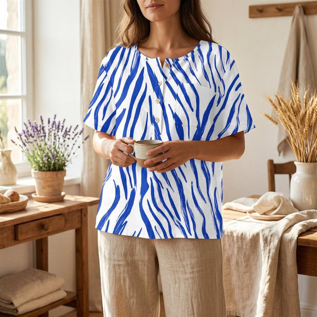 Damen Kurzarm Hemd aus Leinen-Baumwollmischung Henley Knopfleiste Brusttasche Blumendruck Lässiges Sommer Top