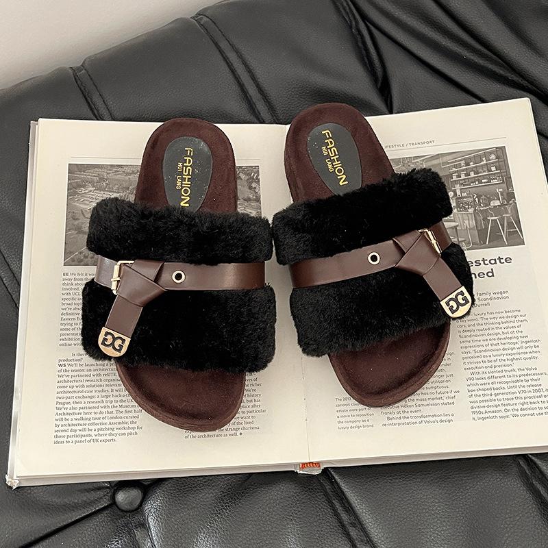 Retro design one-word belt buckle Mao Mao slippers women's autumn and winter fashion versatile belt buckle casual cotton slippers