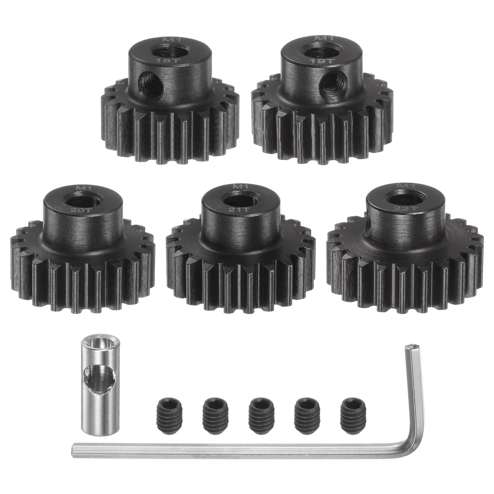 

uxcell M1 Mod1 Pinion Gear Set, 5mm Shaft, 18T, 19T, 20T, 21T, 22T Motor Gears, Hardened Steel Pinion Gears with 3.17mm Coupler for RC Cars (Set of 5)