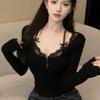Hotsweet T-shirt da donna sexy slim pizzo fiocco chic manica lunga nuova moda autunno abbigliamento da donna tutto abbinato stile coreano all'interno