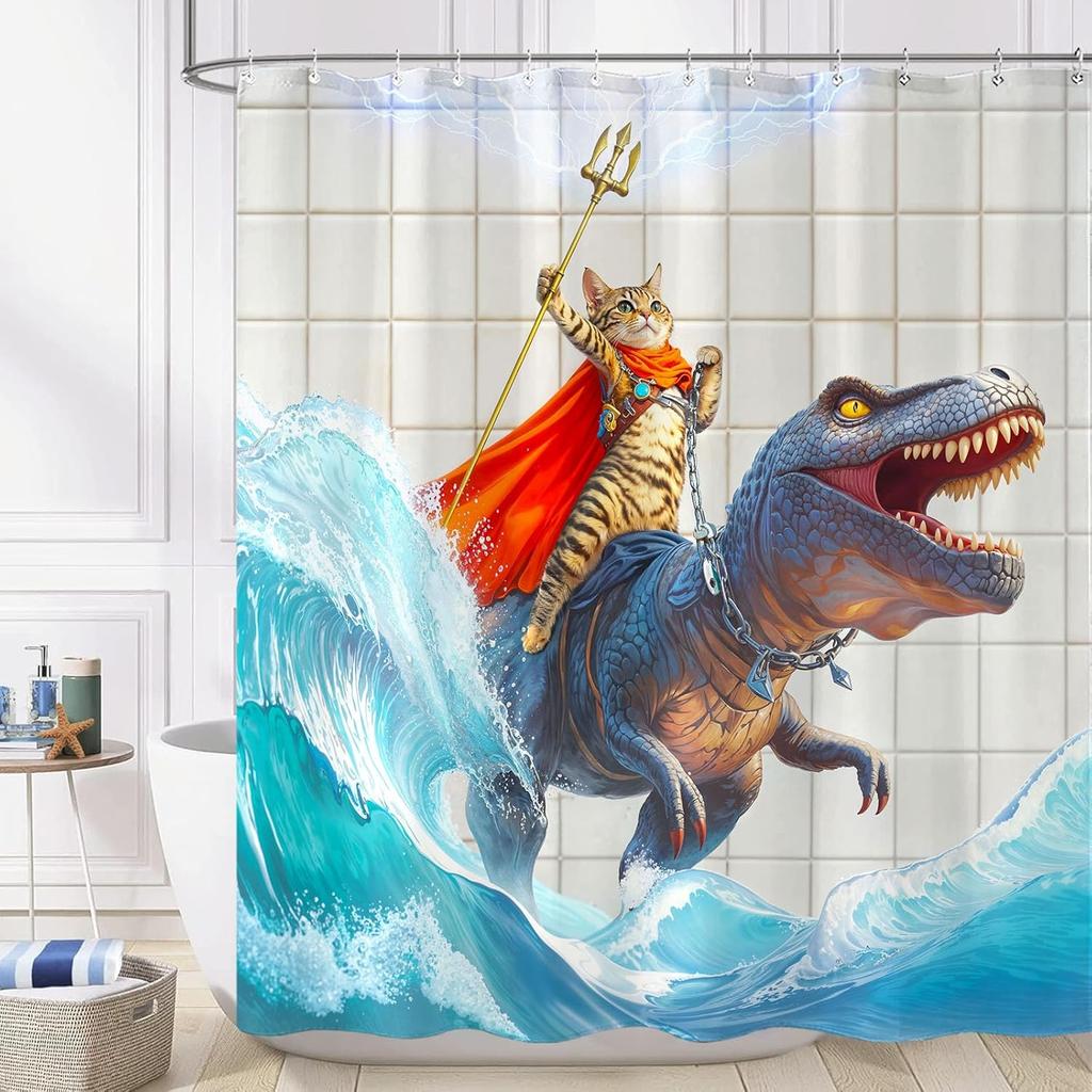 Cat Shower Curtain Ocean Funny Shower Curtain Dinosaur  for Bathroom Wave Shower Curtain Set with 12 Hooks