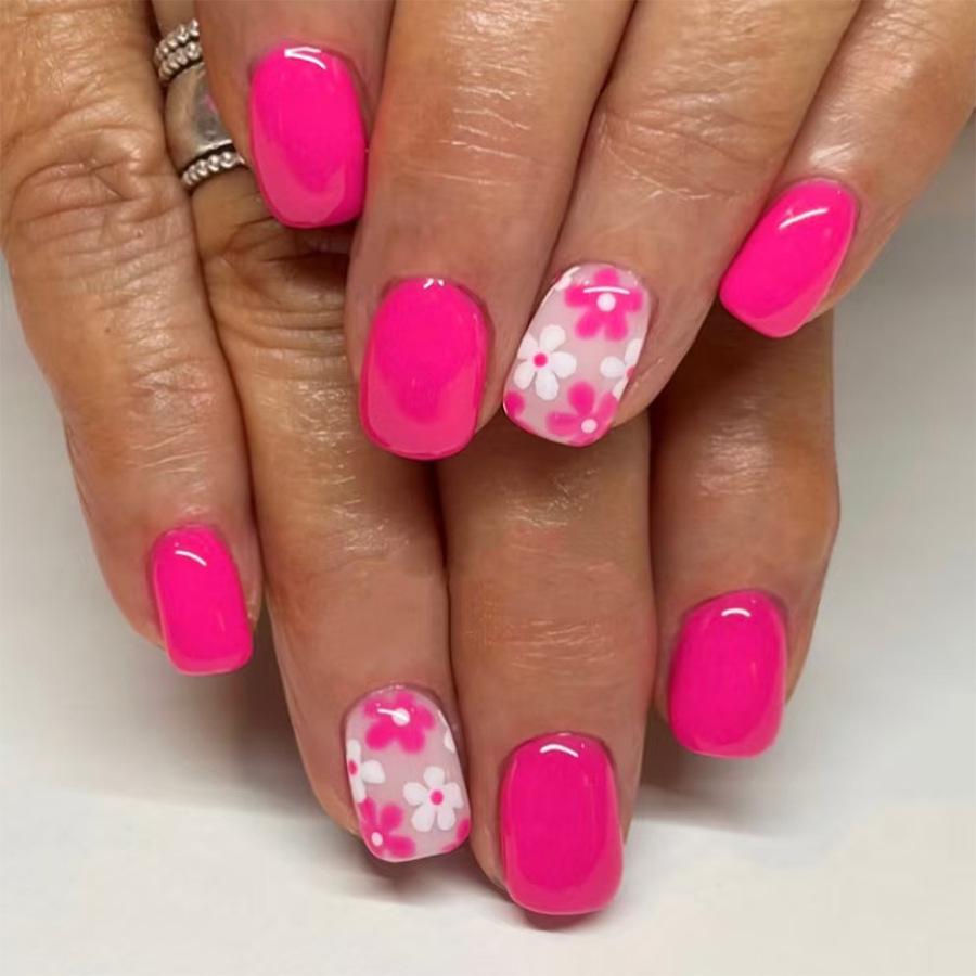 

Glossy Rose Red Nails with Multi-Color Flowers - 24-Piece Spring/Summer Set, Versatile for European & American Styles.